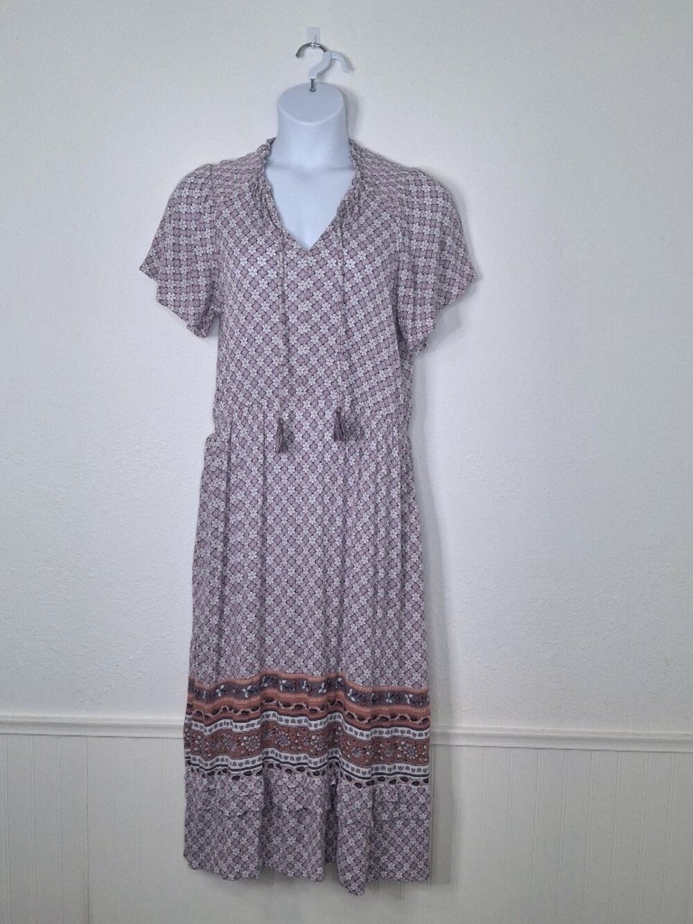 Knox Rose Floral Midi Dress Sz L Border Print Tasseled Boho Cottagecore Peasant